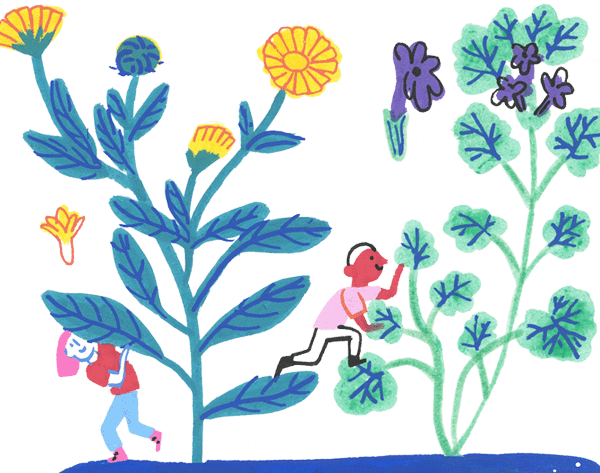 Illustration de plantes avec de très petits personnages qui se cachent dedans