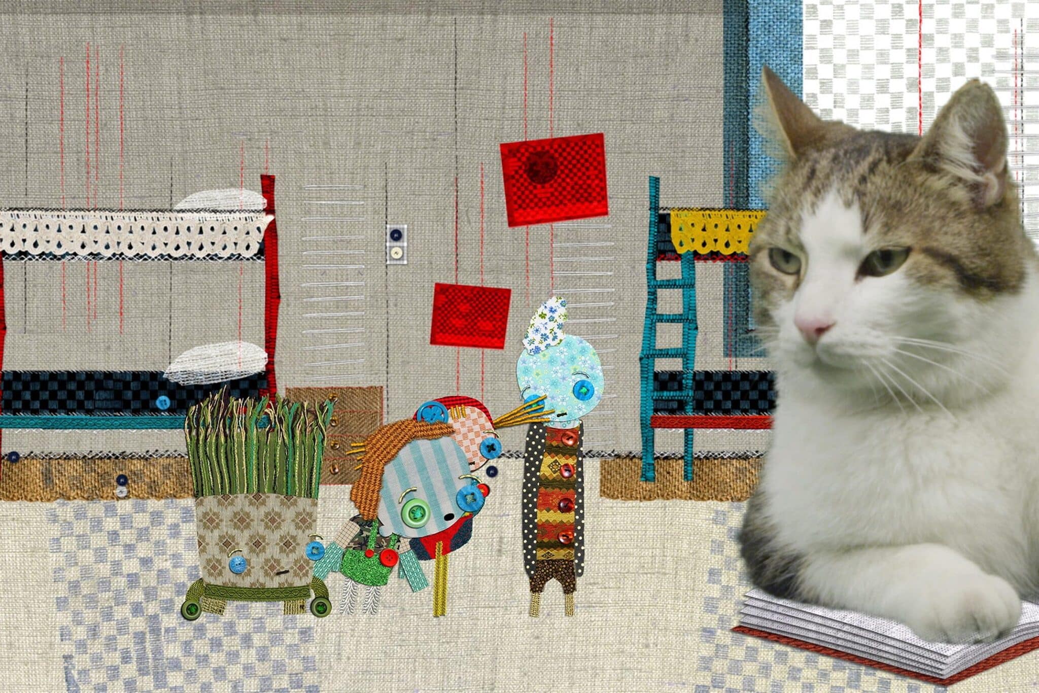 Chat tigré allongé sur un livre devant un décor en tissu inspiré de Comment les Shammies jouent à cache-cache.