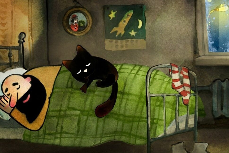 Illustration d'un homme dormant dans son lit avec son chat noir qui dort sur sa couverture.