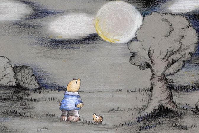 Illustration d'un personnage coloré qui regarde le soleil avec son hérisson dans un monde gris.