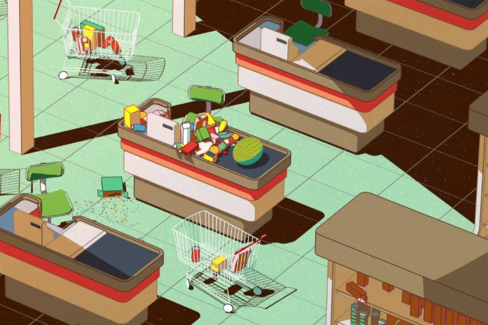 Rayon de supermarché vide avec des caddies abandonnés aux caisses.