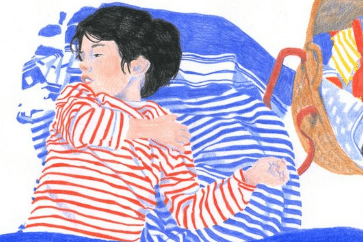 Affiche illustrée du film “Été 96” montrant une femme allongée sur une serviette rayée.