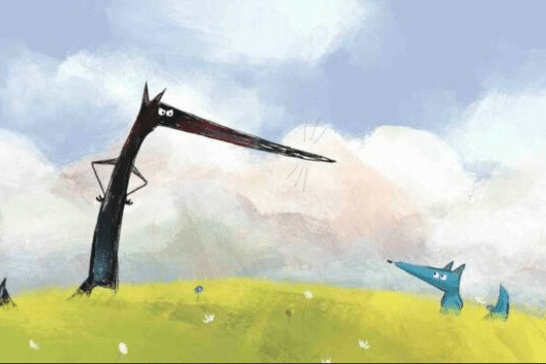 Grand loup noir et petit loup bleu sur une colline verte.