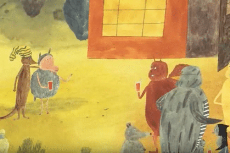 Animaux anthropomorphes discutant dehors, chacun tenant une boisson rouge.