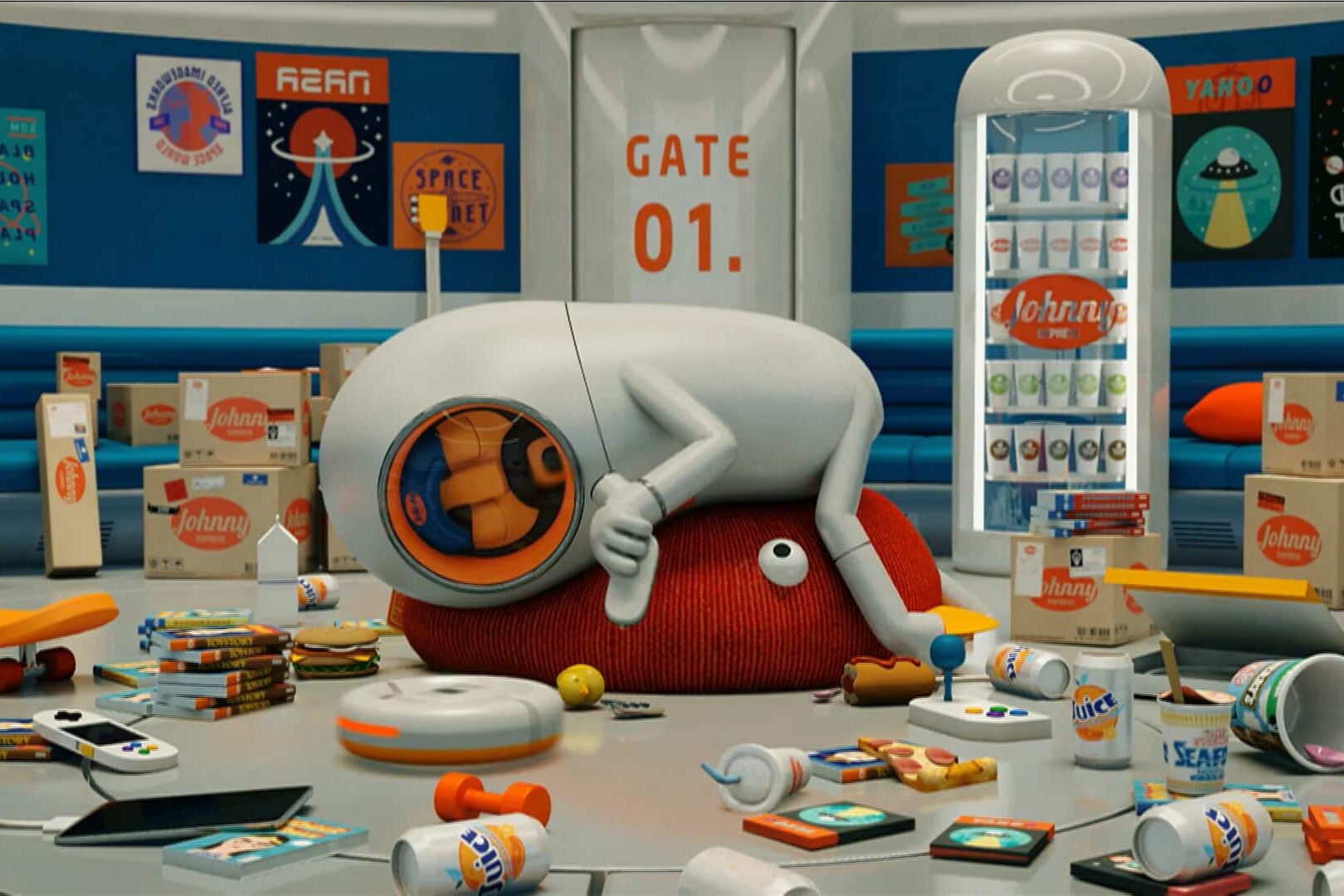 Personnage spatial allongé au sol entouré de cartons et de déchets dans une salle futuriste.