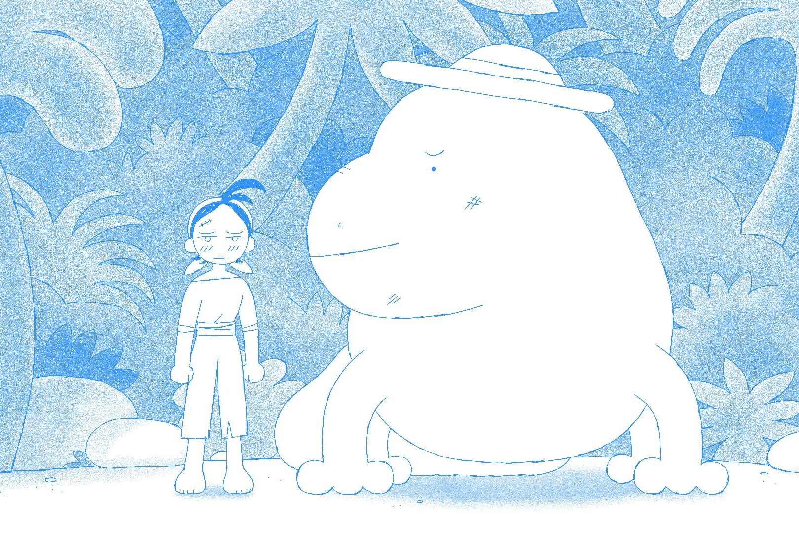 Illustration de Bertille Rondard représentant une jeune fille et un animal imaginaire qui ressemble à un énorme lézard.