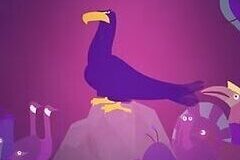 Un aigle violet trône sur un rocher entouré d’oiseaux colorés dans une lumière violette.