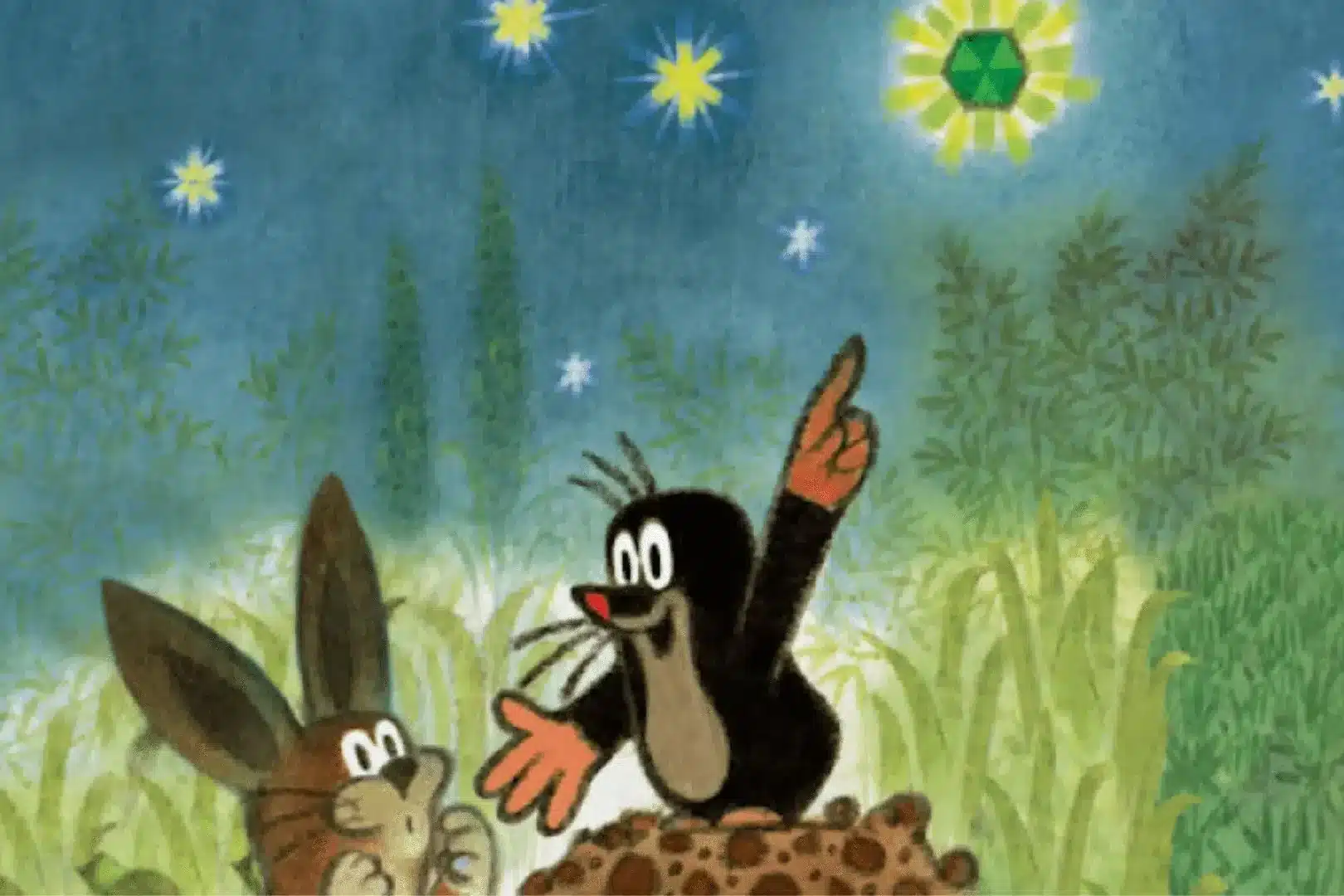 Illustration d'une taupe et un lapin désignant une étoile verte dans le ciel.