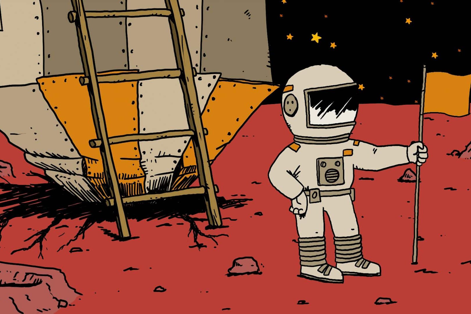 Astronaute tenant un drapeau orange sur une planète rouge près d’un module spatial.