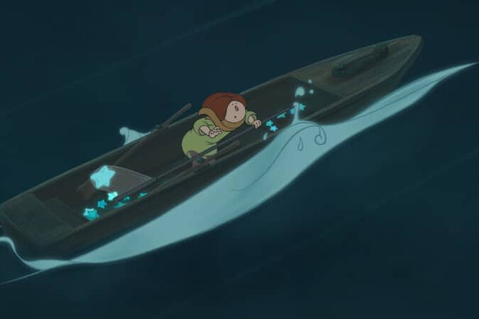 Personnage sur un bateau qui semble aller vite, les étoiles remplissent son bateau.