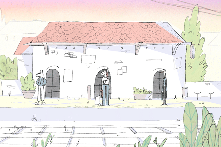 Illustration de Lisa Matuszak représentant deux personnages attendent devant une petite gare sous un ciel pastel.