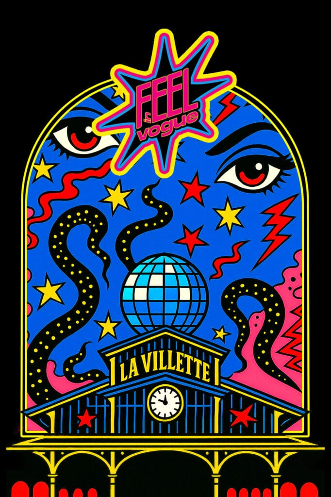 Illustration colorée de l’affiche du spectacle Feel in Vogue de Kiddy Smile. On y voit la Grande Halle de la Villette stylisée, surmontée d’une grande boule à facettes, entourée d’étoiles rouges et jaunes, le tout sur un fond bleu vibrant. Le titre “Feel in Vogue” est inscrit en grandes lettres roses.